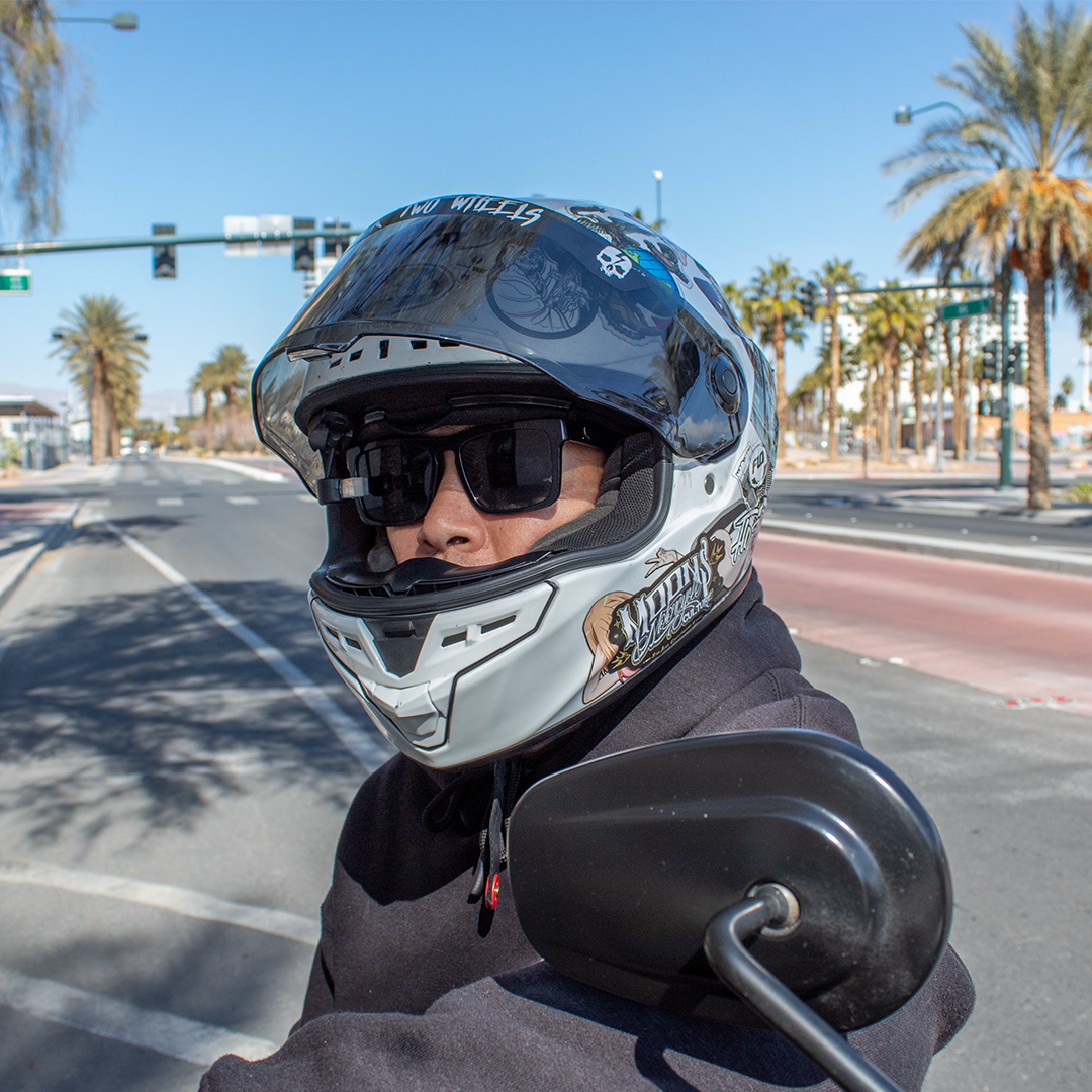 Motorcycle helmet top with sunglasses